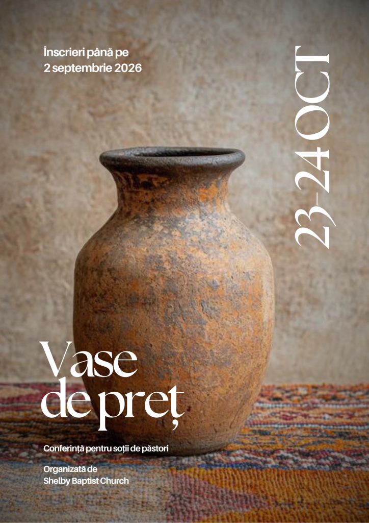 Poster vertical pentru conferința „Vase de preț”, cu o vază de ceramică rustică pe un covor țesut, data 23–24 octombrie și termenul de înscriere